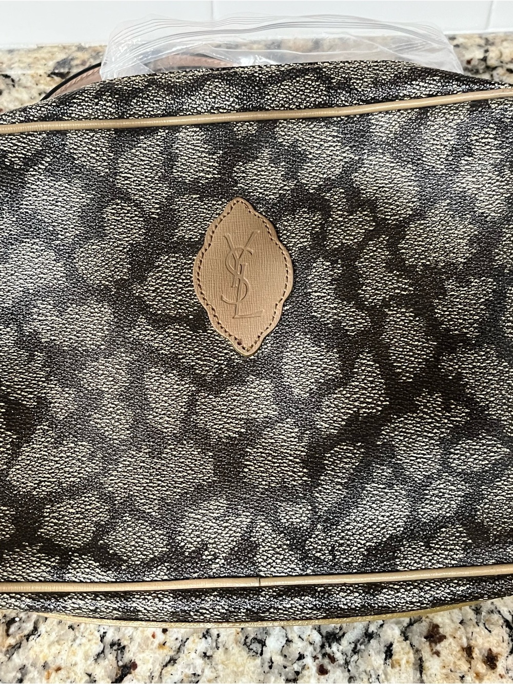 Yves Saint Laurent Brown and Tan Patterned Tote with Gold Piping